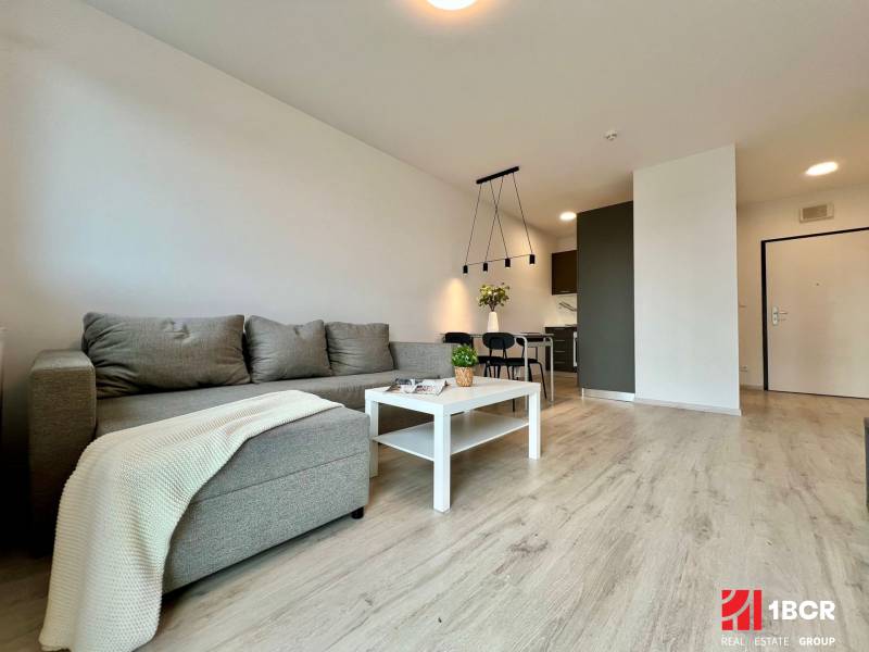 KOMPLETNE ZARIADENÝ SVETLÝ 2-IZB. BYT, NOVOSTAVBA NUPPU, HRANIČNÁ UL. - Obývacia izba s podlahou s dreveným dekorom, pohovkou a jedálenským stolom v 2-izbovom byte.