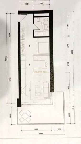 - PREDAJ - APARTMÁN - 38 m2 + 14 m2 LOGGIA - TEHELNÉ POLE - Pôdorys 1-izbového bytu s kuchyňou, kúpeľňou, terasou a obývacím priestorom.