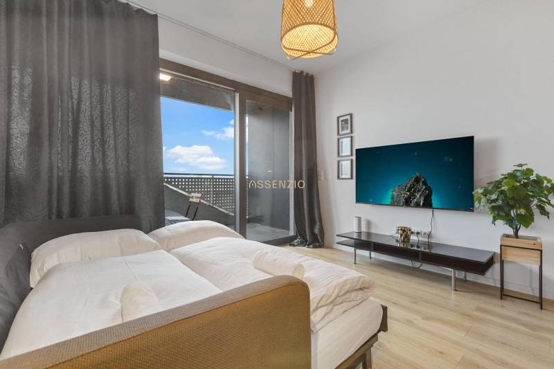 - PREDAJ - APARTMÁN - 38 m2 + 14 m2 LOGGIA - TEHELNÉ POLE - 1-izbový byt s posteľou, televízorom, rastlinou a podlahou s dreveným dekorom.