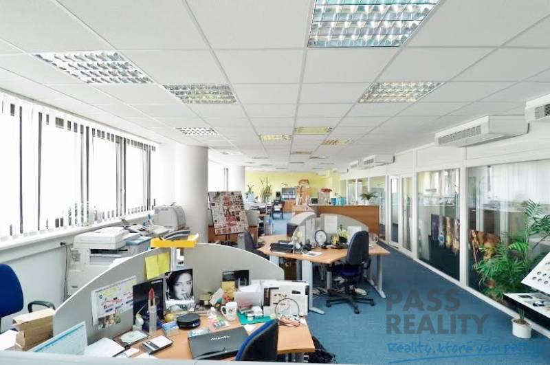 PRENÁJOM kancelárie 27 m2 - Technopol, Kutlíkova ul. - Kancelárie s kobercovou podlahou, veľkými oknami a množstvom pracovných stolov.