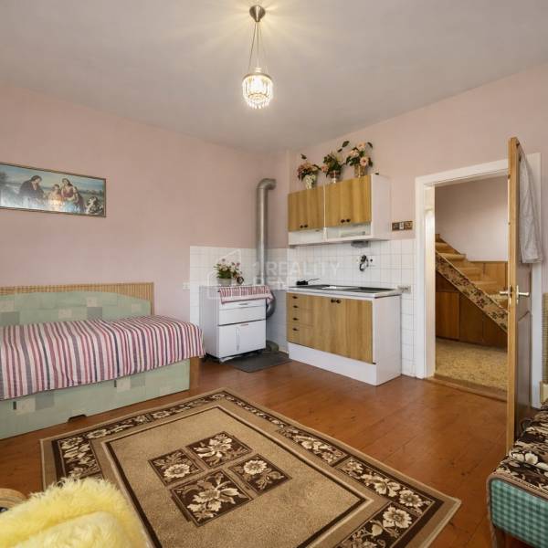 Rodinný dom · Terchová – Biely Potok - Izba s kuchynskou linkou, pohovkou, sporákom a podlahou s dreveným dekorom v rodinnom dome.