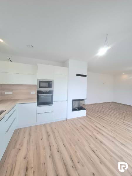 | 4 izbový rodinný dom s krbom a terasov | Slnečná | Ružindol - Kuchyňa s krbom a podlahou s dreveným dekorom v rodinnom dome.