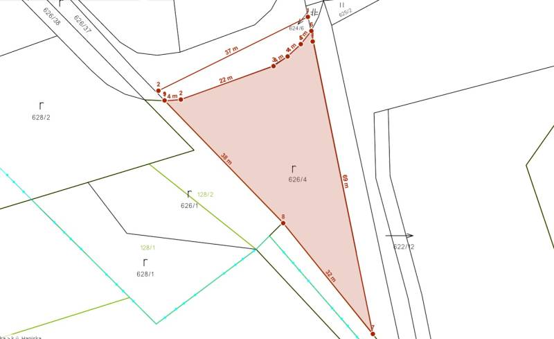 NA PREDAJ STAVEBNÝ POZEMOK  V DOSAHU MHD PREŠOV - HANISKA - Mapa pozemku pre bývanie v obci Haniska, zakreslené rozmery a hranice parcely.
