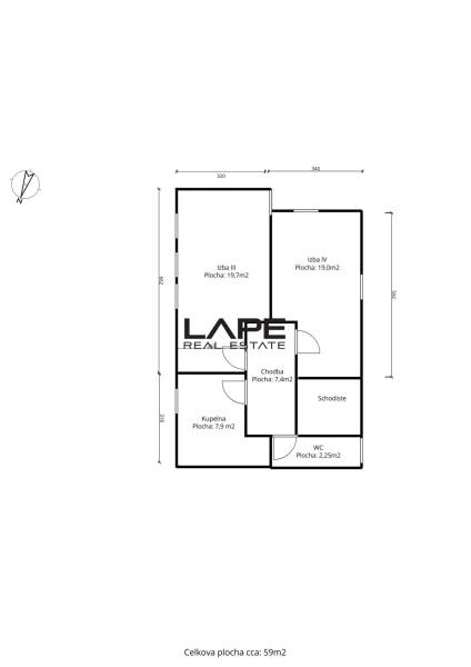 Rodinný dom s veľkou záhradou - Ružinov  - Pôdorys rodinného domu s izbami a schodiskom, celková plocha je 59 m².
