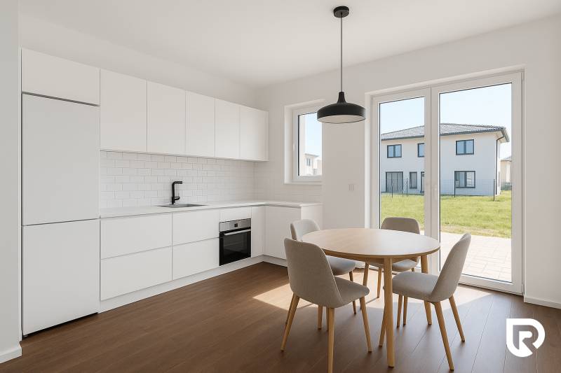 5-izbový dom s predzáhradkou pre rodiny v pokojnej zóne - Kuchyňa v 5 a viac izbovom byte s bielymi skrinkami a podlahou s dreveným dekorom.