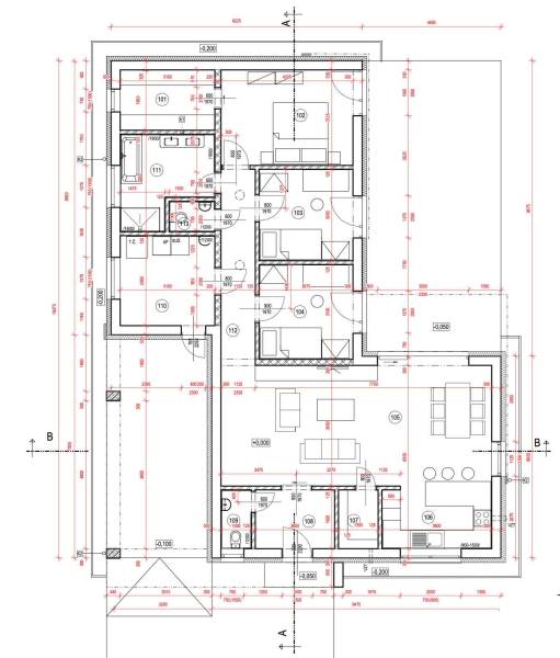 Laprovensalia.sk | Moderný 4-izbový bungalov | Chorvátsky Grob - Pôdorys rodinného domu s izbou, kuchyňou, jedálňou a sanitárnymi zariadeniami.