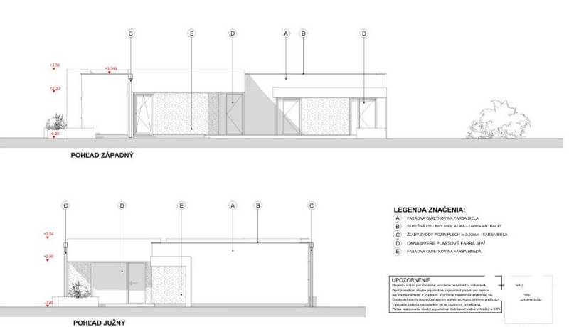 Laprovensalia.sk | Moderný 4-izbový bungalov | Chorvátsky Grob - Architektonický nákres k rodinnému domu, pohľady západný a južný, označenia a legendy.