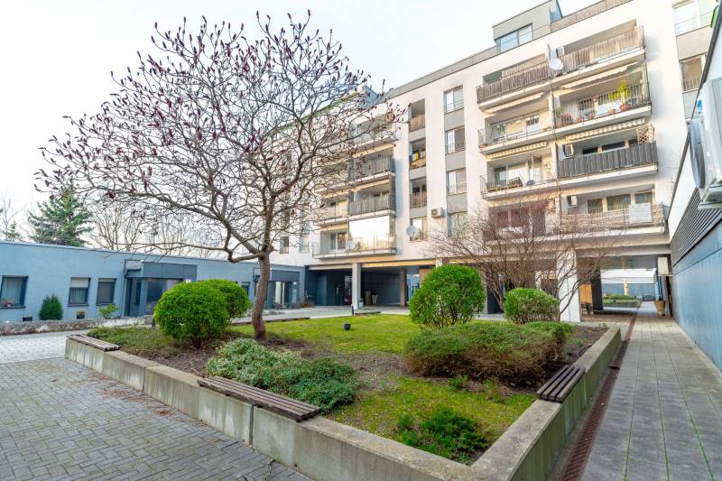 Luxusný 2-izbový byt + 2 balkóny, 73 m², garážové státie, Ružinov - Bytový dom na Hrachovej v Bratislave - Ružinove obklopený zeleňou so stromom a kríkmi.