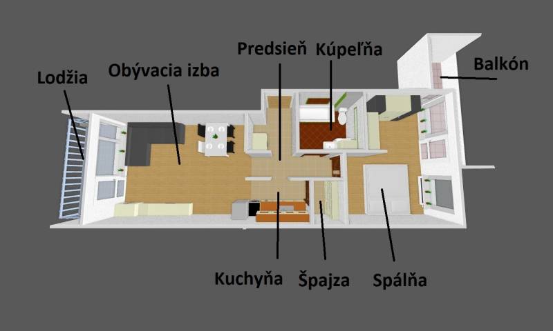 Luxusný 2-izbový byt + 2 balkóny, 73 m², garážové státie, Ružinov - Pôdorys 2-izbového bytu s označením miestností: obývacia izba, kuchyňa, spálňa, kúpeľňa.