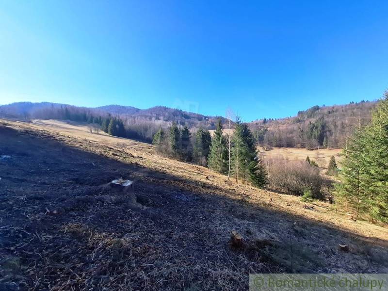 Veľký pozemok na čarovnom mieste polosamota Hronec 2. - Krásna prírodná scenéria poľnohospodárskych a lesných pozemkov v Hronci so stromami a lúkami.