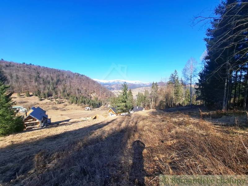 Veľký pozemok na čarovnom mieste polosamota Hronec 2. - Krajina v obci Hronec, poľnohospodárske a lesné pozemky s výhľadom na hory a domy.