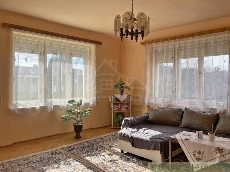 Vidiecky dom v gemerskej obci Bretka - Obývacia izba v rodinnom dome so sedačkou, stolíkom, kvetinou a podlahou s dreveným dekorom.