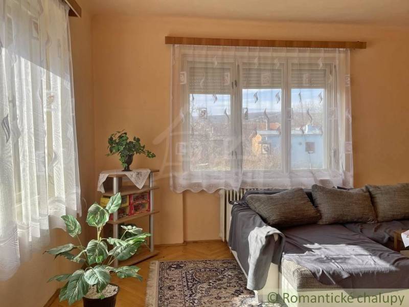 Vidiecky dom v gemerskej obci Bretka - Izba v rodinnom dome s pohovkou, rastlinou, koberec a polička s knihami.