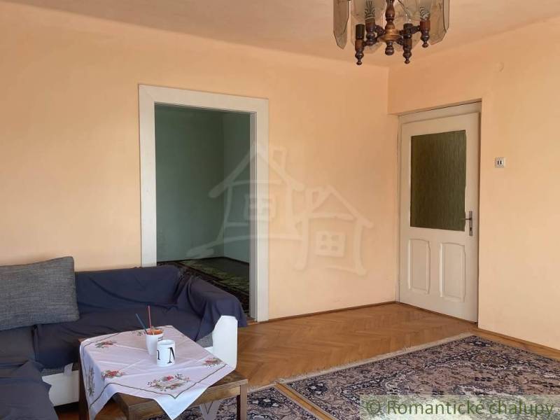 Vidiecky dom v gemerskej obci Bretka - Obývacia izba v rodinnom dome s podlahou s dreveným dekorom, pohovkou a kobercom.