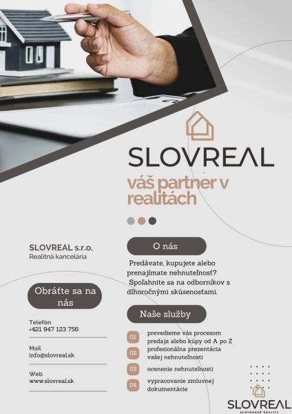 Predaj domu v Janovej Lehote - Návrh letáku realitnej kancelárie SLOVREAL s kontaktnými informáciami a zoznamom služieb.