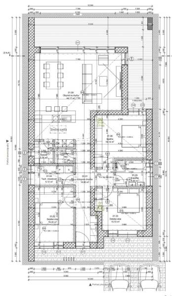 Na predaj 4-izb. rodinné domy, Nesvady - Pôdorys rodinného domu v Nesvadoch so štyrmi izbami a priestrannou obývacou kuchyňou.