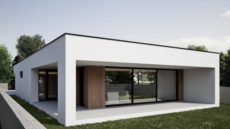 Na predaj 4-izb. rodinné domy, Nesvady - Rodinný dom v Nesvadoch s veľkými oknami a dreveným obkladom v záhrade.