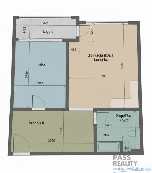 REZERVOVANÉ-PREDAJ 2 izbový byt s garážou v skvelej lokalite v Ružinov - Pôdorys 2-izbového bytu s loggiou, predsieňou, obývacou izbou, kúpeľňou a spálňou.