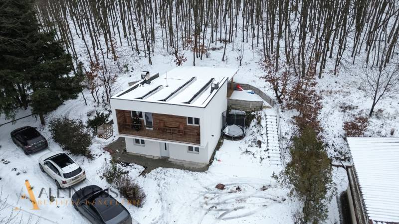 NADŠTANDARDNÁ REKREAČNÁ CHATA | DUCHONKA  - Chata na ulici Duchonka v Prašiciach, zasnežený les v pozadí, zaparkované autá.