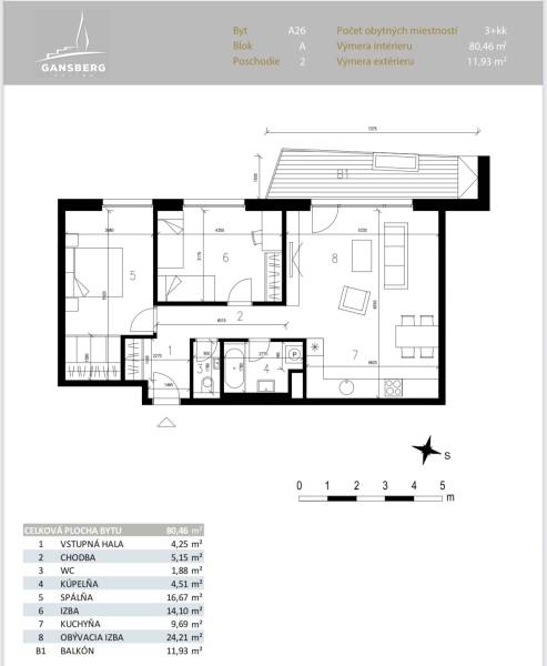 ︱ PREDAJ Nadštandardný 3-izb. byt v projekte Gansberg Koliba - Pôdorys trojizbového bytu zahŕňa kuchyňu, kúpeľňu a balkón s rozlohou 11,93 m².