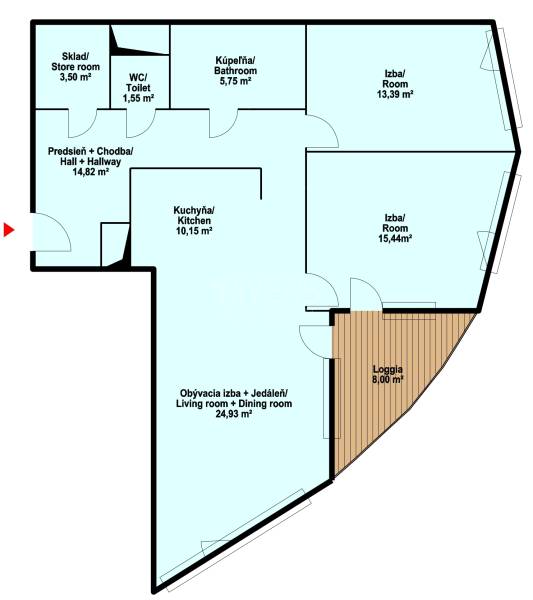 Elegantný byt na mieru s panorámou hradu  - Pôdorys 3-izbového bytu s loggiou, kuchyňou, kúpeľňou a predsieňou.