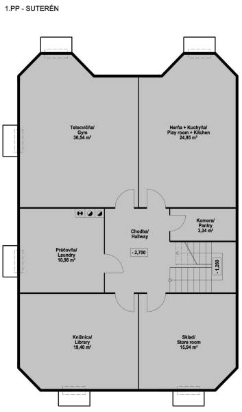 RIVERS - Veľkorysý rodinný dom po rekonštrukcii  - Pôdorys suterénu rodinného domu s telocvičňou, herňou a knižnicou.