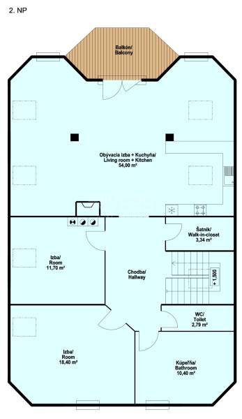 RIVERS - Veľkorysý rodinný dom po rekonštrukcii  - Plán 2. poschodia rodinného domu s obývacou izbou, kuchyňou a balkónom.