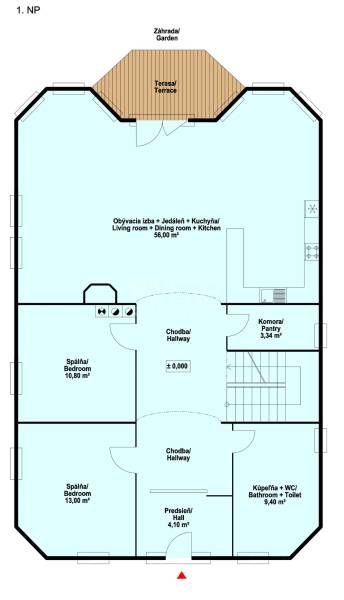RIVERS - Veľkorysý rodinný dom po rekonštrukcii  - Pôdorys prízemia rodinného domu s terasou, záhradou, dvoma spálňami a kuchyňou.
