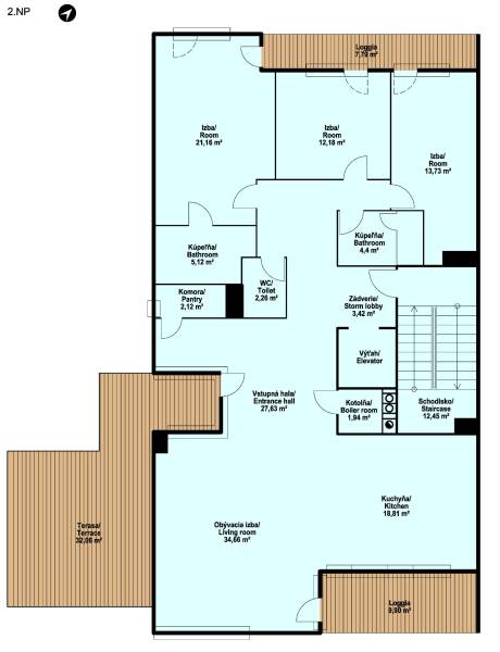 RIVERS I Prémiový 4-izbový byt s panoramatickým výhľadom na mesto - Pôdorys 4-izbového bytu s terasou, loggiami, obývacou izbou a kuchyňou.