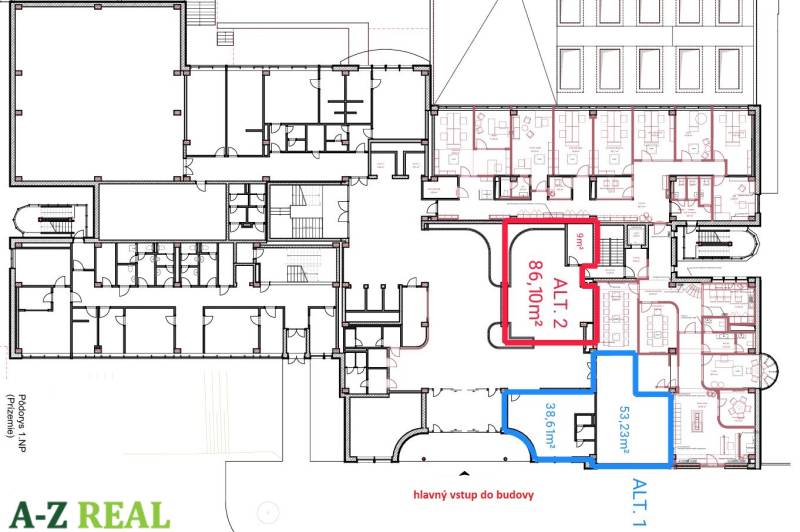 Prenájom kancelárií na prízemí budovy, Ružinov - Pôdorys kancelárskych priestorov s rôznymi rozlohami a usporiadaním miestností.