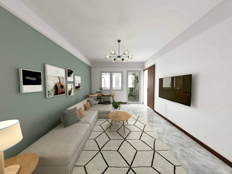 I Predaj 3- izbového bytu v Dúbravke - Obývacia izba v 3-izbovom byte s dekorom dreva a obrazmi na stene.