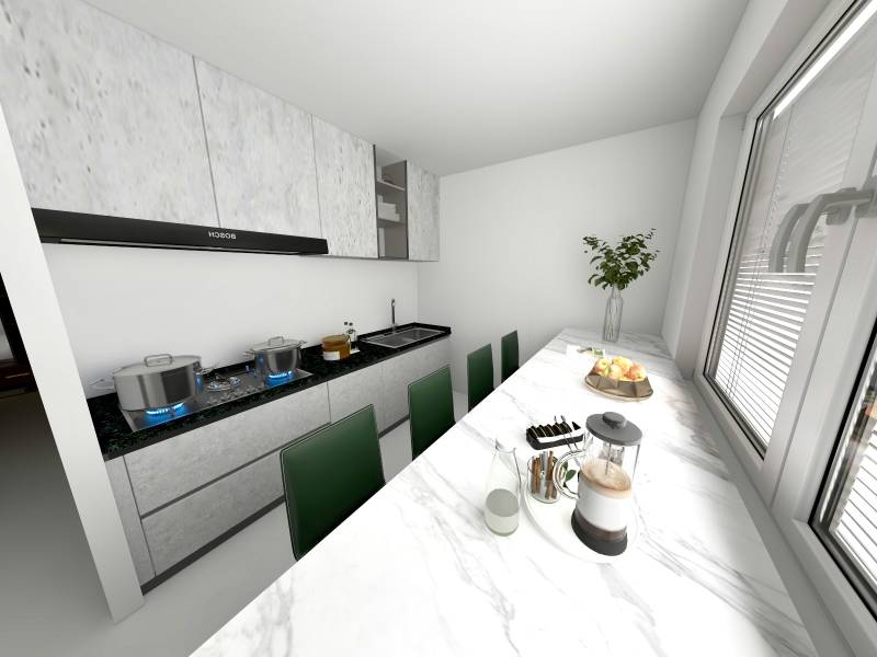 I Predaj 3- izbového bytu v Dúbravke - Kuchyňa v 3-izbovom byte s jednoduchým dizajnom, mramorová pracovná doska, varná doska.