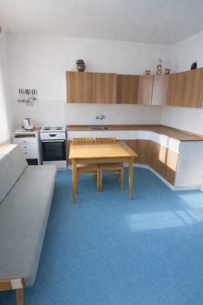 Bývajte vo svojom : dom a  pozemok 690 m², Veľké Ripňany 77.000,-EUR - Kuchyňa v rodinnom dome s modrým kobercom a drevenými skrinkami.