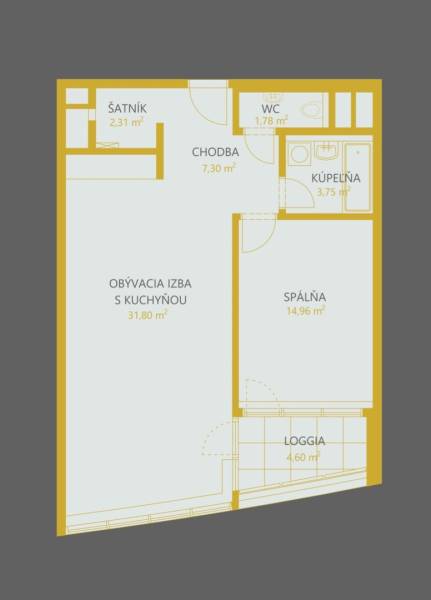 I na predaj 2i byt v komplexe Tri Veže na Bajkalskej - Pôdorys 2-izbového bytu so šatníkom, kúpeľňou, priestrannou obývačkou a loggiou.