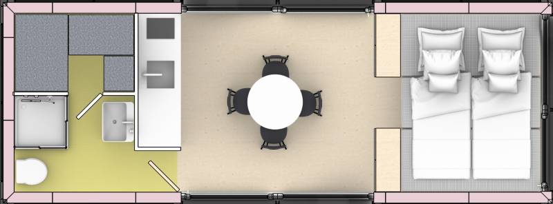 I Predaj Ecocapsule – autonómne ekologické bývanie - Pôdorys ukazuje kuchyňu, jedálenský kút, toaletu a spálňu v nehnuteľnosti.