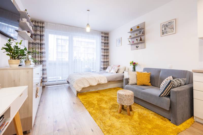 Prenájom 1-izbového bytu, Béžová, Béžová, Petržalka - REZERVOVANÉ - Jednoduchý 1-izbový byt s podlahou s dreveným dekorom, posteľou, pohovkou a žltým kobercom.