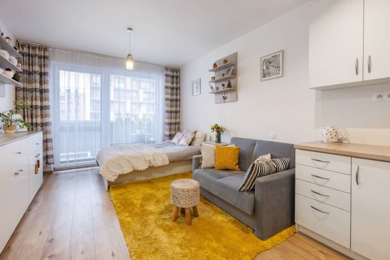 Prenájom 1-izbového bytu, Béžová, Béžová, Petržalka - REZERVOVANÉ - Svetlý 1-izbový byt s pohovkou, posteľou a podlahou s dreveným dekorom.