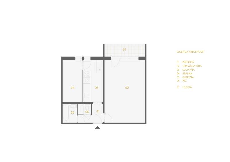 Komfortný 1,5-izbový byt s balkónom v Ružinove na predaj - Pôdorys 1-izbového bytu s obývacou izbou, kuchyňou, loggiou a kompletným zázemím.