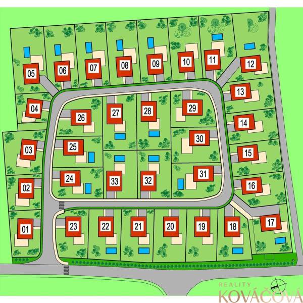 Na predaj 2 pozemky na  výstavbu RD v obci Kočovce - Rakoľuby - Plán pozemkov na bývanie v Kočovciach s očíslovanými parcelami.