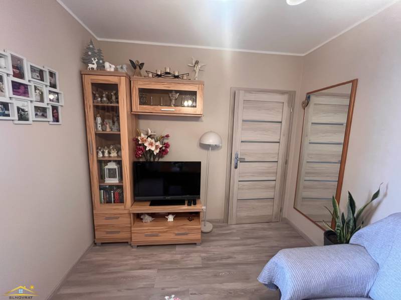 Na predaj  3-izbový byt v meste Rajec  - Izba s televízorom, zrkadlom, drevenou zostavou a pohovkou, v 3-izbovom byte.