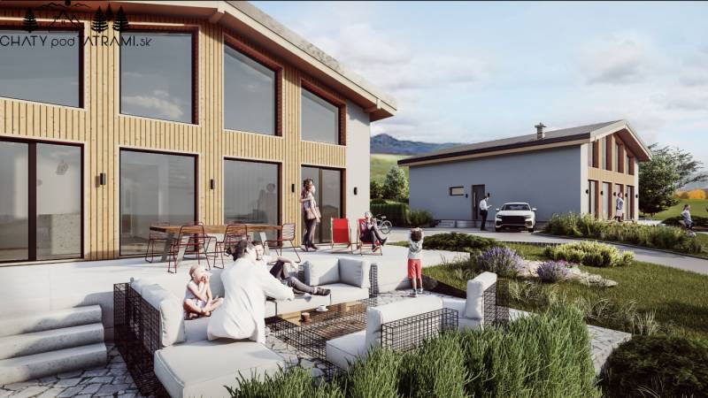 Únik z mesta, kde sa moderná architektúra stretáva s divokou prírodou? - Chata v Dolnej Lehote s terasou a posedením, obklopená prírodou a modernou architektúrou.