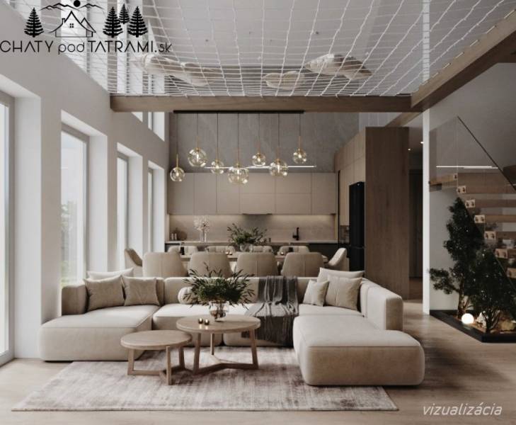 Únik z mesta, kde sa moderná architektúra stretáva s divokou prírodou? - Elegantná obývačka v Chate s podlahou s dreveným dekorom a moderným nábytkom.