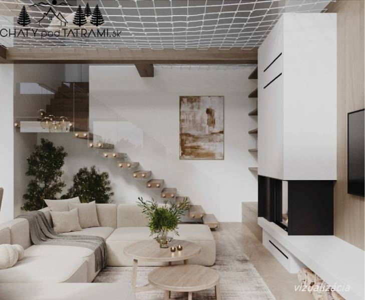 Únik z mesta, kde sa moderná architektúra stretáva s divokou prírodou? - Svetlá obývacia izba v chate s pohodlnou sedacou súpravou a podlahou s dreveným dekorom.