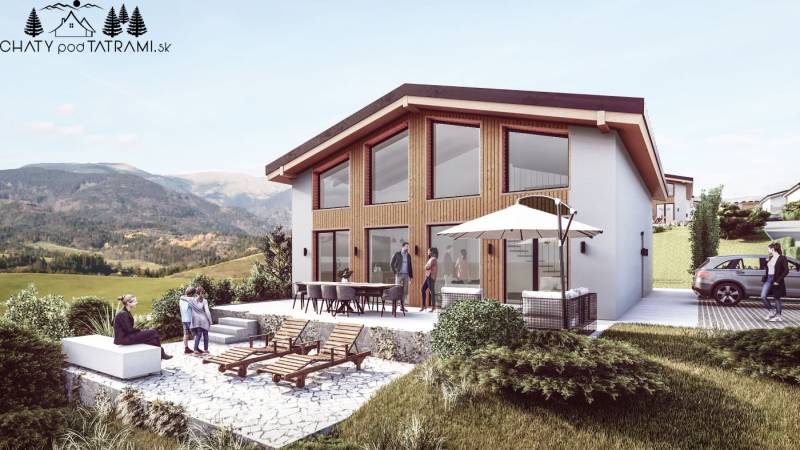 Únik z mesta, kde sa moderná architektúra stretáva s divokou prírodou? - Chata v Dolnej Lehote s terasou a výhľadom na hory, posedenie a ležadlá.