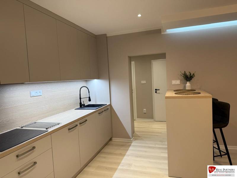 Prenájom 2-izbový byt s loggiou, 54m2, Bratislava-Petržalka - Kuchyňa v 2-izbovom byte s podlahou s dreveným dekorom a linkou.