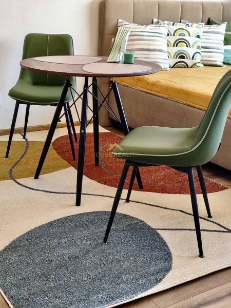 Novostavba 1 izbový byt, Bernolákovská ulica, Ivanka pri Dunaji - Interiér 1-izbového bytu s farebným kobercom, stolom a zelenými stoličkami, podlaha s dekórom.