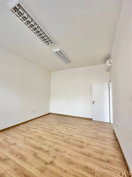Kancelárske priestory na prenájom, Trenčín, ul. M.R.Štefánika - Kancelárie s podlahou s dreveným dekorom a bielymi stenami, svietidlá na strope.