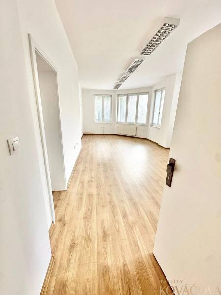 Kancelárske priestory na prenájom, Trenčín, ul. M.R.Štefánika - Svetlé kancelárie s podlahou s dreveným dekorom a veľkými oknami.