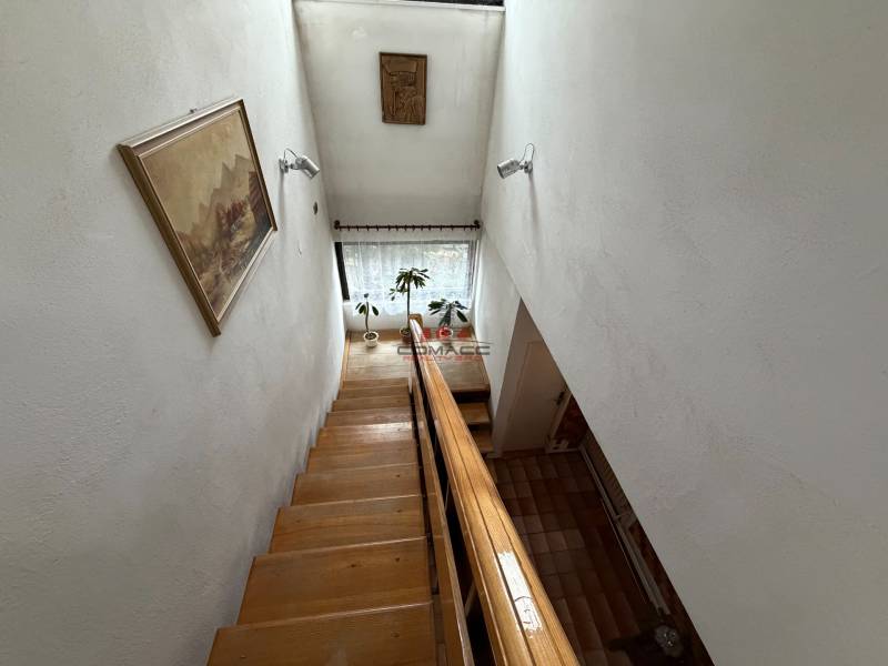 Exk. viacgeneračný RD vo Veľkom Orvišti pri Piešťanoch REZERVOVANÝ - Schodisko v rodinnom dome s obrazom na stene a rastlinou pri okne.