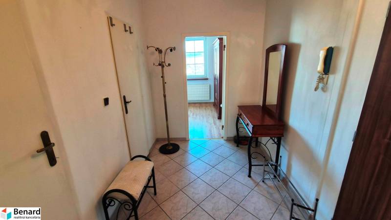 NA PRENÁJOM 1,5 IZBOVÝ, UL. MIEROVÁ - Predsieň v 2-izbovom byte s dlažbou, zrkadlom a kapradím.